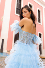 N T1338 - Strapless Layered Ruffle Ball Gown with Sheer Beaded Lace Appliqued Corset Bodice & Optional Puff Sleeves PROM GOWN Nox