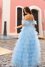 N T1338 - Strapless Layered Ruffle Ball Gown with Sheer Beaded Lace Appliqued Corset Bodice & Optional Puff Sleeves PROM GOWN Nox