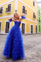 N T1338 - Strapless Layered Ruffle Ball Gown with Sheer Beaded Lace Appliqued Corset Bodice & Optional Puff Sleeves PROM GOWN Nox 0 Royal Blue
