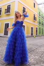 N T1338 - Strapless Layered Ruffle Ball Gown with Sheer Beaded Lace Appliqued Corset Bodice & Optional Puff Sleeves PROM GOWN Nox