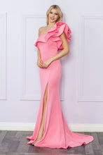 N E467 - One Shoulder Stretch Jersey Fit & Flare Prom Gown with Ruffled Sleeve & Leg Slit PROM GOWN Nox 2 WATERMELON PINK 