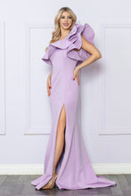 N E467 - One Shoulder Stretch Jersey Fit & Flare Prom Gown with Ruffled Sleeve & Leg Slit PROM GOWN Nox   