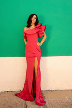 N E467 - One Shoulder Stretch Jersey Fit & Flare Prom Gown with Ruffled Sleeve & Leg Slit PROM GOWN Nox 2 CHERRY RED 