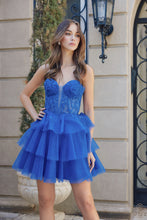 N A824 - Short Strapless A-Line Homecoming Dress with Sheer Lace Embellished V-Neck Bodice & Layered Ruffle Glitter Tulle Skirt HOMECOMING Nox Royal Blue 2 