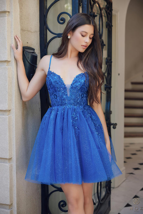 N E902 - Short Shimmering Tulle A-Line Homecoming Dress with Sheer Bead Embellished Boned V-Neck Bodice & Open Lace Up Back Homecoming Nox   