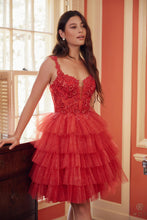 N E904 - Short Shimmer Tulle A-Line Homecoming Dress with Sheer Bead Embellished Bodice Open Lace Up Back & Layered Ruffle Skirt HOMECOMING Nox 0 Red 