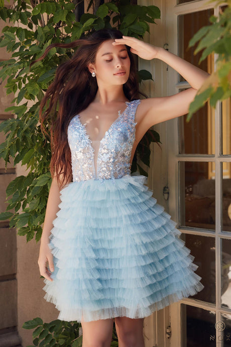 N R883 - Short Shimmery Tulle A-line Homecoming Dress with Sheer Embellished V-Neck Bodice & Layered Ruffle Skirt Homecoming Nox   