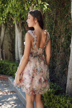 N S849 - Short Floral Printed A-Line Homecoming Dress with Sheer Boned V-Neck Bodice & Layered Tiered Skirt HOMECOMING Nox   