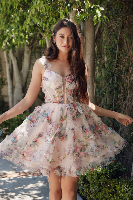 N S849 - Short Floral Printed A-Line Homecoming Dress with Sheer Boned V-Neck Bodice & Layered Tiered Skirt HOMECOMING Nox   