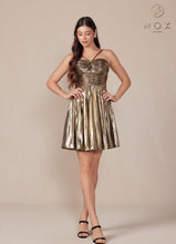 N A825 - Short Metallic A-Line Homecoming Dress with Halter Top & Pleated Skirt Homecoming Nox Gold 0 