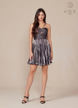 N A825 - Short Metallic A-Line Homecoming Dress with Halter Top & Pleated Skirt Homecoming Nox Gunmetal 0 