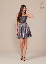 N A825 - Short Metallic A-Line Homecoming Dress with Halter Top & Pleated Skirt Homecoming Nox   