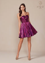 N A825 - Short Metallic A-Line Homecoming Dress with Halter Top & Pleated Skirt Homecoming Nox Magenta 0 