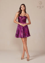 N A825 - Short Metallic A-Line Homecoming Dress with Halter Top & Pleated Skirt Homecoming Nox   