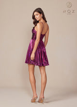 N A825 - Short Metallic A-Line Homecoming Dress with Halter Top & Pleated Skirt Homecoming Nox   