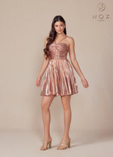 N A825 - Short Metallic A-Line Homecoming Dress with Halter Top & Pleated Skirt Homecoming Nox   