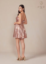 N A825 - Short Metallic A-Line Homecoming Dress with Halter Top & Pleated Skirt Homecoming Nox   