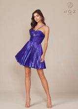 N A825 - Short Metallic A-Line Homecoming Dress with Halter Top & Pleated Skirt Homecoming Nox Royal Blue 0 