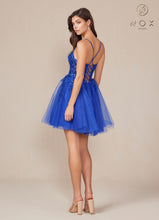 N E902 - Short Shimmering Tulle A-Line Homecoming Dress with Sheer Bead Embellished Boned V-Neck Bodice & Open Lace Up Back Homecoming Nox   