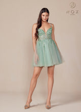 N E902 - Short Shimmering Tulle A-Line Homecoming Dress with Sheer Bead Embellished Boned V-Neck Bodice & Open Lace Up Back Homecoming Nox   