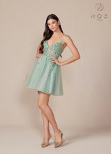 N E902 - Short Shimmering Tulle A-Line Homecoming Dress with Sheer Bead Embellished Boned V-Neck Bodice & Open Lace Up Back Homecoming Nox Sage 0 