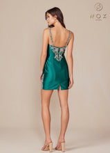 N E912 - Short Fitted Stretch Satin Homecoming Dress Accented with Rhinestones HOMECOMING Nox Emerald 0 