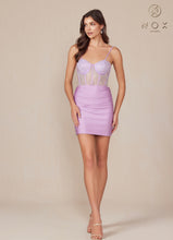 N G818 - Short Stretch Satin Homecoming Dress with Bead Embellished Boned V-Neck Bodice & Open Lace Up Back HOMECOMING Nox   