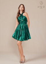 N K822 - Short Metallic A-Line Homecoming Dress with Peek-a-Boo Halter Top & Pleated Skirt HOMECOMING Nox Emerald 0 