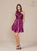 N K822 - Short Metallic A-Line Homecoming Dress with Peek-a-Boo Halter Top & Pleated Skirt HOMECOMING Nox Magenta 0 