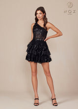 N K855 - Short One Shoulder Sequin Lace Embellished A-Line Homecoming Dress with Sheer Bodice & Layered Ruffle Skirt HOMECOMING Nox 0 Black 