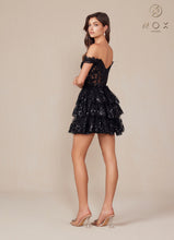 N K856 - Off the Shoulder Sequin Lace Embellished A-Line Homecoming Dress with Sheer Bodice & Layered Ruffle Skirt Homecoming Nox Black 0 