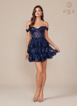 N K856 - Off the Shoulder Sequin Lace Embellished A-Line Homecoming Dress with Sheer Bodice & Layered Ruffle Skirt Homecoming Nox Navy 0 