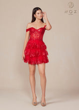 N K856 - Off the Shoulder Sequin Lace Embellished A-Line Homecoming Dress with Sheer Bodice & Layered Ruffle Skirt Homecoming Nox Red 0 