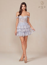 N K856 - Off the Shoulder Sequin Lace Embellished A-Line Homecoming Dress with Sheer Bodice & Layered Ruffle Skirt Homecoming Nox Silver 0 