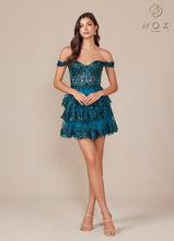 N K856 - Off the Shoulder Sequin Lace Embellished A-Line Homecoming Dress with Sheer Bodice & Layered Ruffle Skirt Homecoming Nox Teal 0 