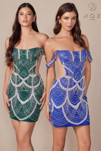 N Q839 - Off the Shoulder Short Sequin Patterned Fitted Homecoming Dress with Scoop Neck & Sheer Under Arms Homecoming Nox   