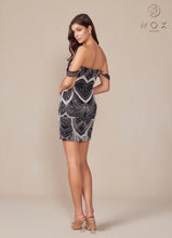 N Q839 - Off the Shoulder Short Sequin Patterned Fitted Homecoming Dress with Scoop Neck & Sheer Under Arms Homecoming Nox   