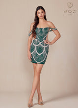 N Q839 - Off the Shoulder Short Sequin Patterned Fitted Homecoming Dress with Scoop Neck & Sheer Under Arms Homecoming Nox Emerald 0 