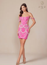 N Q839 - Off the Shoulder Short Sequin Patterned Fitted Homecoming Dress with Scoop Neck & Sheer Under Arms Homecoming Nox Pink 0 