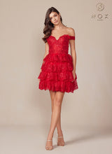 N R877 - Short Off the Shoulder Sequin Lace Embellished A-Line Homecoming Dress with Sheer Sides & Boned Bodice HOMECOMING Nox Red 0 