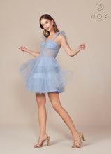 N Y858 - Short A-Line Homecoming Dress with Sheer Boned Bodice & Layered Ruffle Skirt Homecoming Nox Dusty Blue 0 