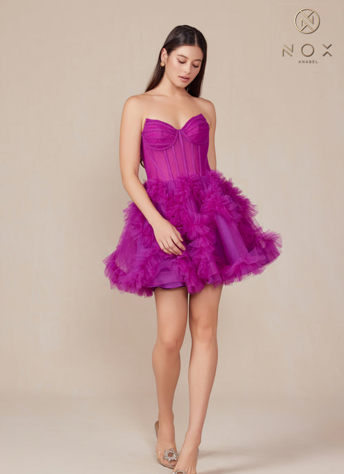 N Y859 - Short Strapless A-Line Homecoming Dress with Pleated Ruffles & Sheer Boned Bodice Homecoming Nox   