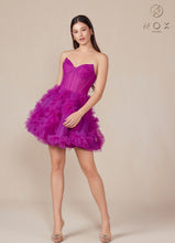 N Y859 - Short Strapless A-Line Homecoming Dress with Pleated Ruffles & Sheer Boned Bodice Homecoming Nox Magenta 0 