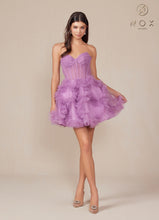 N Y859 - Short Strapless A-Line Homecoming Dress with Pleated Ruffles & Sheer Boned Bodice Homecoming Nox Lavender 0 