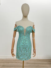 N E911 - Short Sequin Patterned Off the Shoulder Homecoming Dress with Plunging V-Neck & Sheer Under Arm HOMECOMING Nox Sage 10 