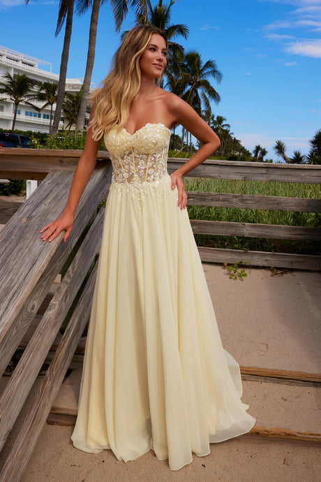 N C1617 - Flowy Chiffon Strapless A-Line Prom Gown with Sheer Beaded Boned Bodice & Open Lace Up Back PROM GOWN Nox 00 Lemon