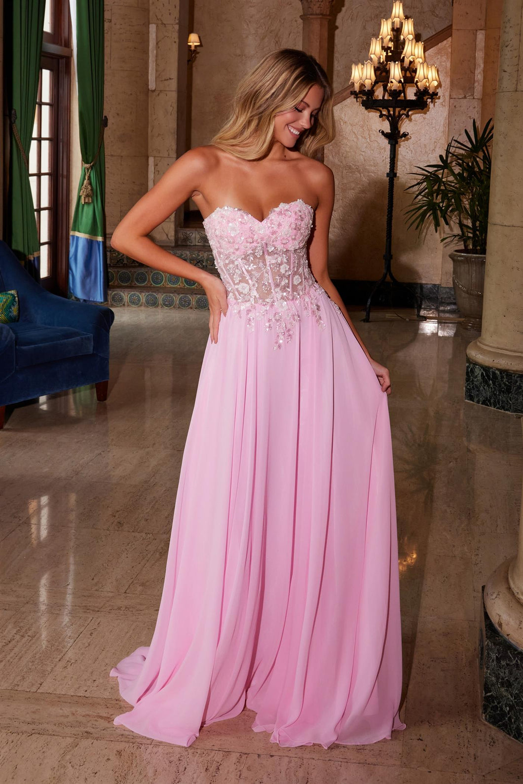 N C1617 - Strapless Flowy Chiffon A-Line Prom Gown with Sheer Beaded L Diggz Formals N C1617 - Strapless Flowy Chiffon A-Line Prom Gown with Sheer Beaded L Diggz Formals