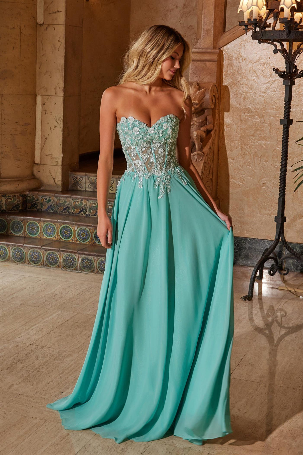 N C1617 - Strapless Flowy Chiffon A-Line Prom Gown with Sheer Beaded L Diggz Formals N C1617 - Strapless Flowy Chiffon A-Line Prom Gown with Sheer Beaded L Diggz Formals