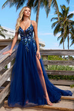 N G1649 - Layered Tulle A-Line Prom Gown with Sheer Sequin Appliqued Bodice Leg Slit & Open Detailed Back PROM GOWN Nox 00 Navy