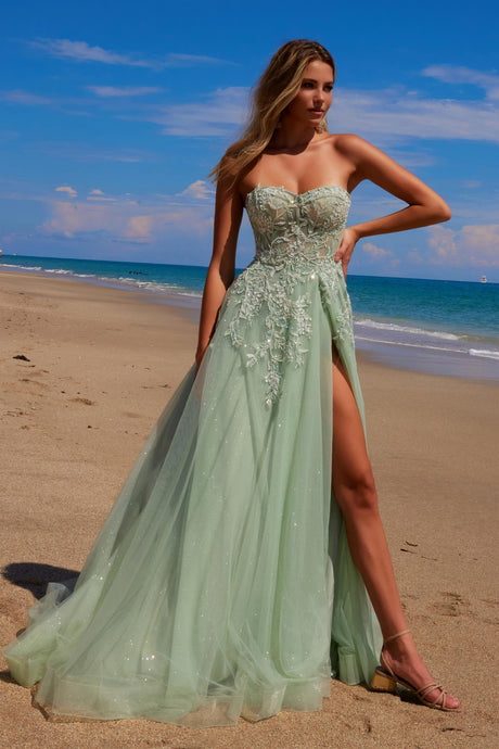 N G1371 - Strapless Shimmer Tulle A-Line Prom Gown with Sheer Beaded Lace Appliqued Bodice & Leg Slit PROM GOWN Nox 00 Sage